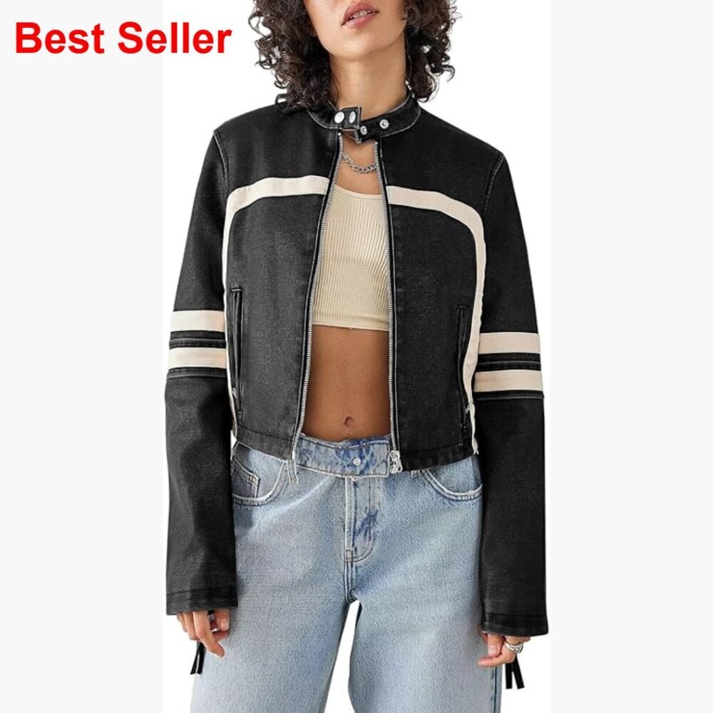Faux Leather Cropped Motocross Jacket with Zip Up Stand Collar